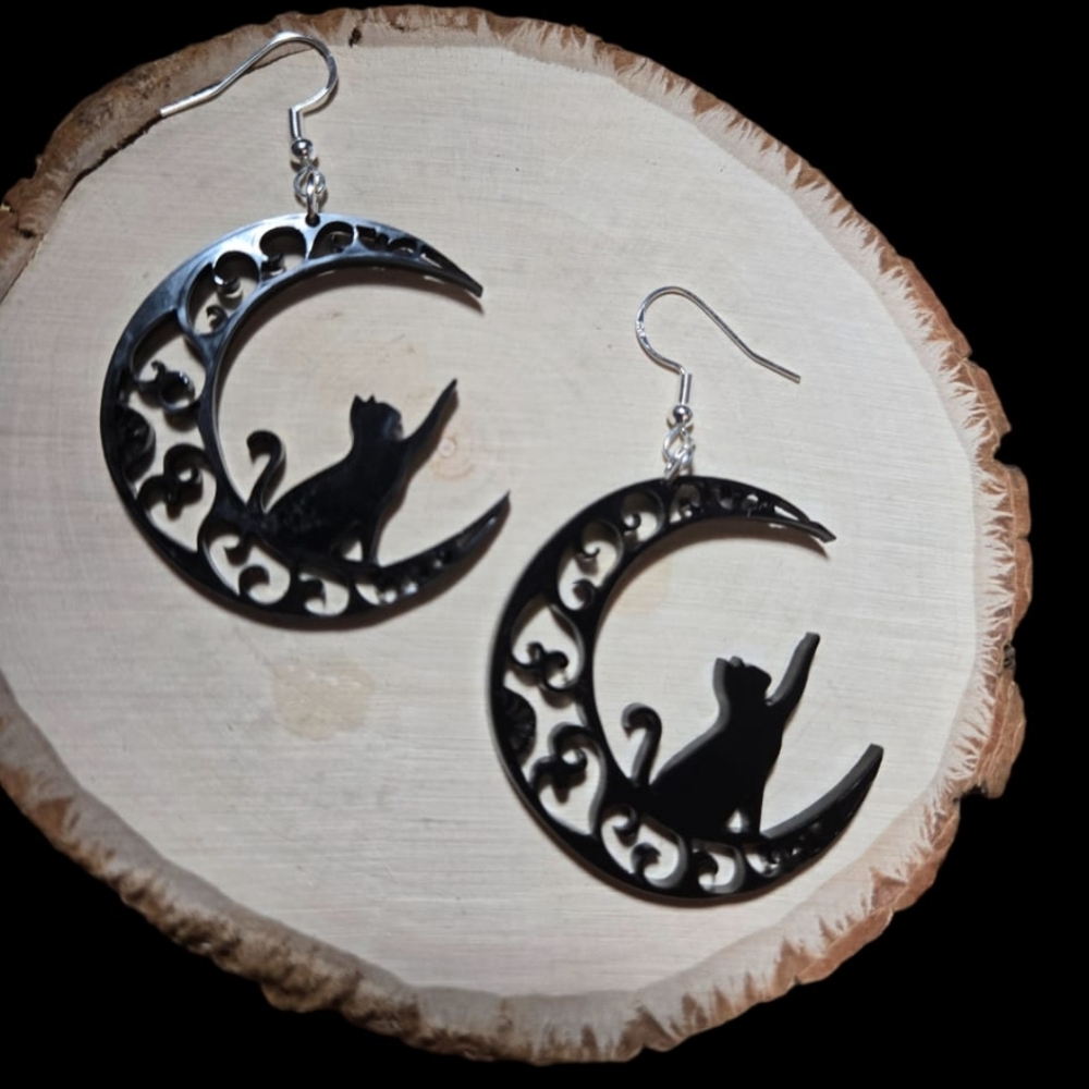 Black Cats On Moons Earrings